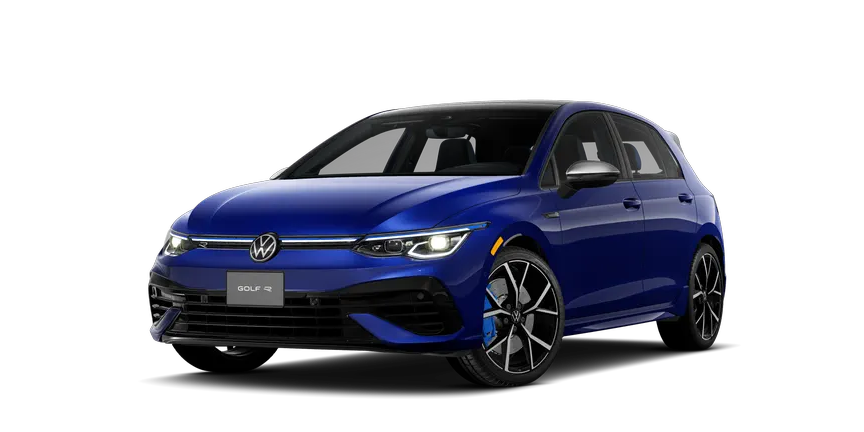 Front driver's side view of a blue 2025 Volkswagen Golf R