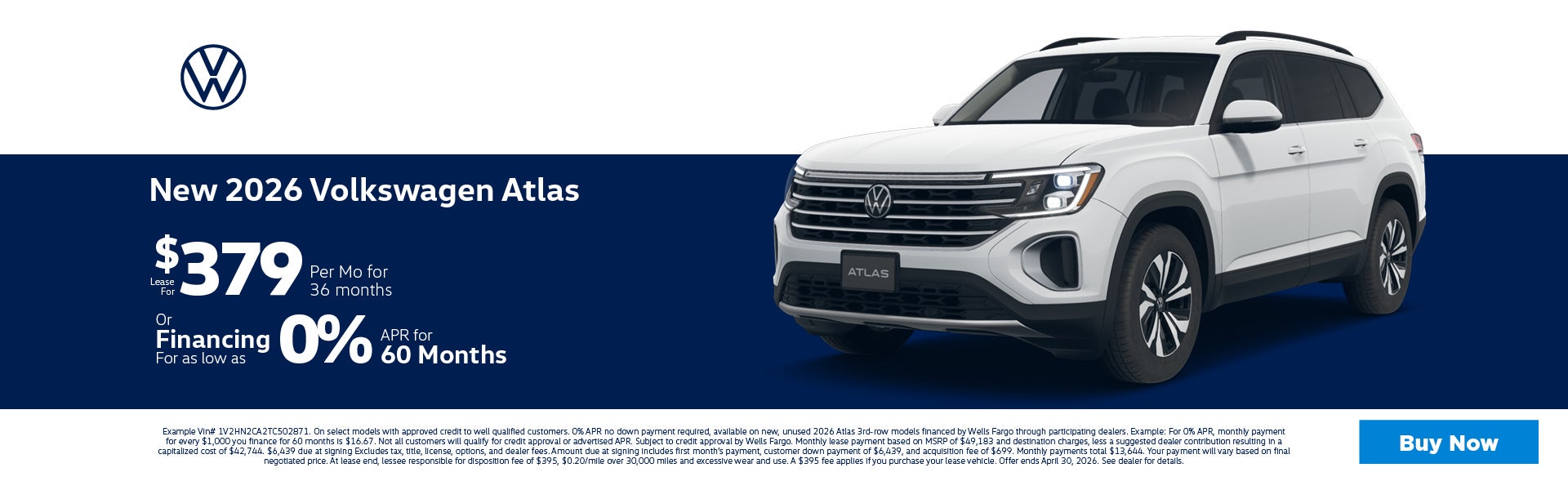 2026 Volkswagen Atlas Lease for $379. or 0% APR for 60 mo