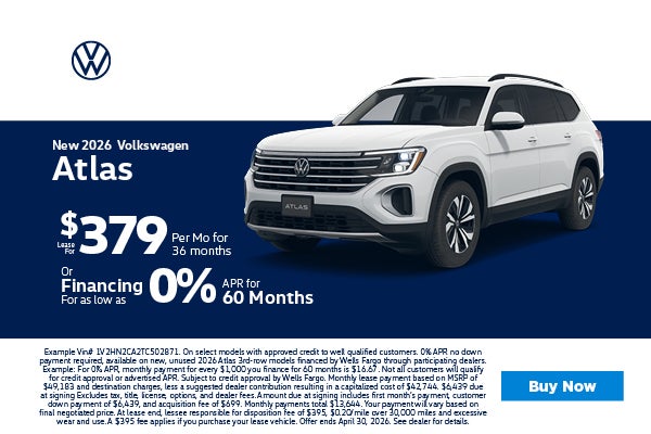 2026 Volkswagen Atlas Lease for $379. or 0% APR for 60 mo