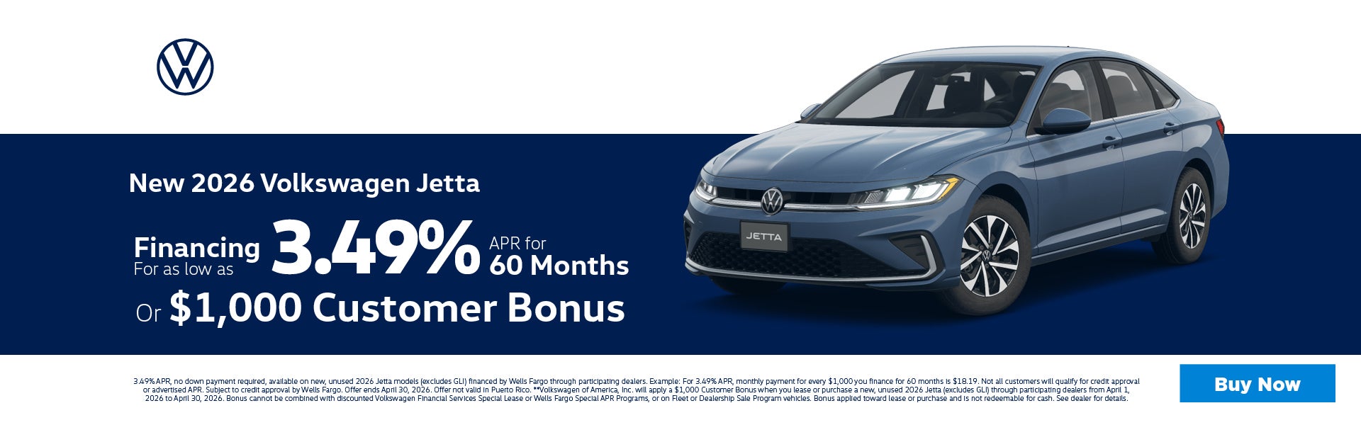 2026 Volkswagen Jetta 3.49% APR or $1,000 Customer Bonus