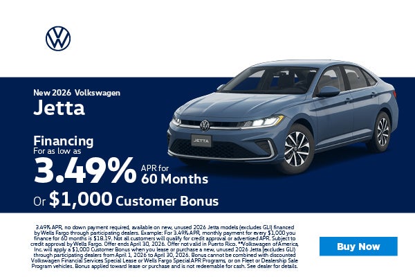 2026 Volkswagen Jetta 3.49% APR or $1,000 Customer Bonus