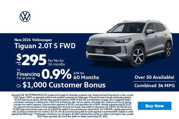 2026 Volkswagen Tiguan lease $295 or 0% APR for 60 mo. or $1