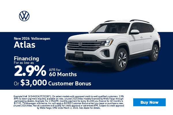 2026 Atlas 2.9% APR or $3,000 Retail Bonus Cash 