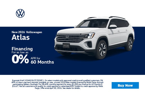 2026 Volkswagen Atlas 0% APR for 60n mo.