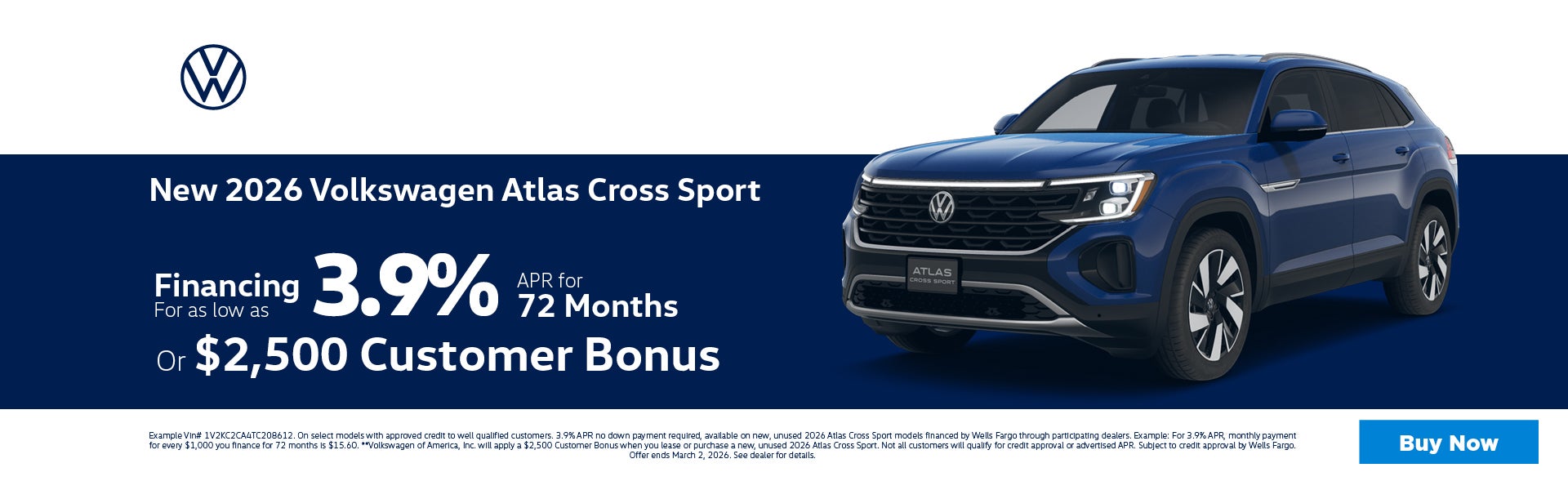 2026 Volkswagen Atlas Cross Sport 3.9% APR or $2,5000 Custom