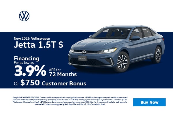 2026 Volkswagen Jetta 3.9% APR or $750 Customer Bonus