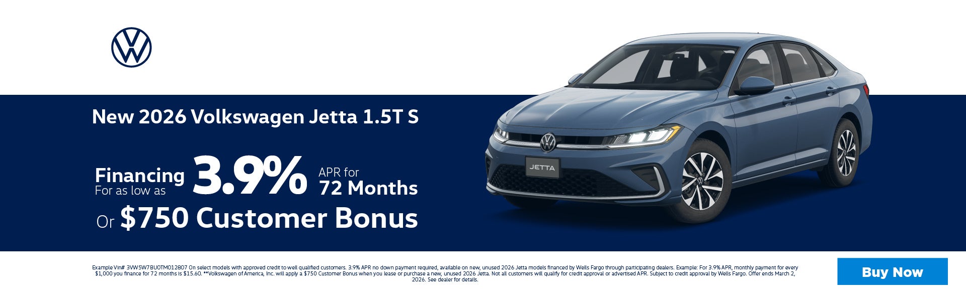 2026 Volkswagen Jetta 3.9% APR or $750 Customer Bonus