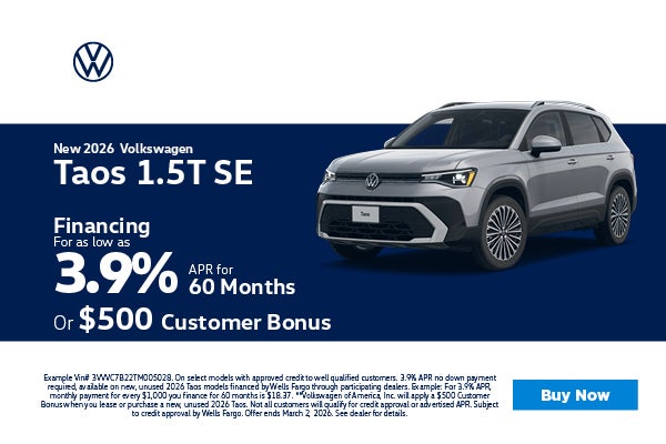 2026 Volkswagen Taos 3.9% APR or $500 Customer Bonus