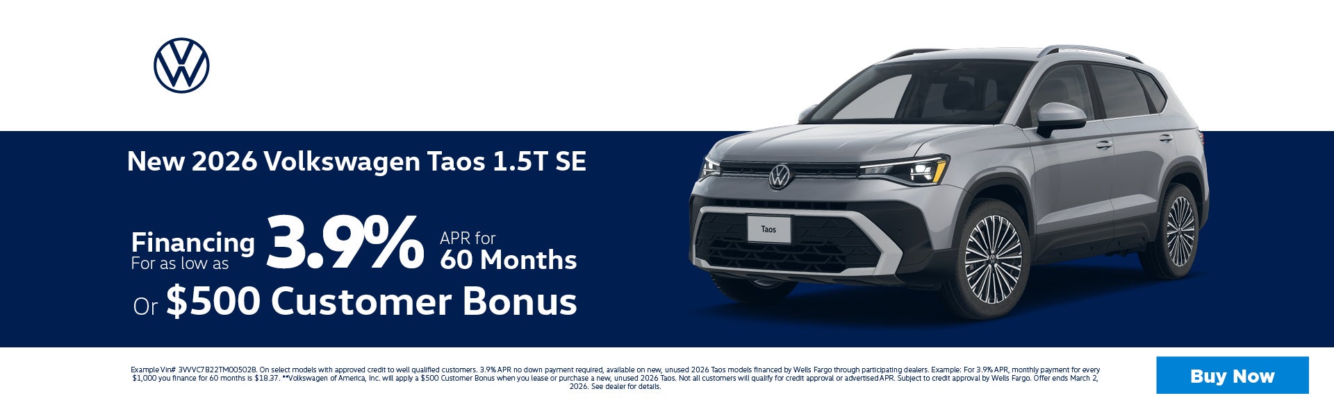 2026 Volkswagen Taos 3.9% APR or $500 Customer Bonus