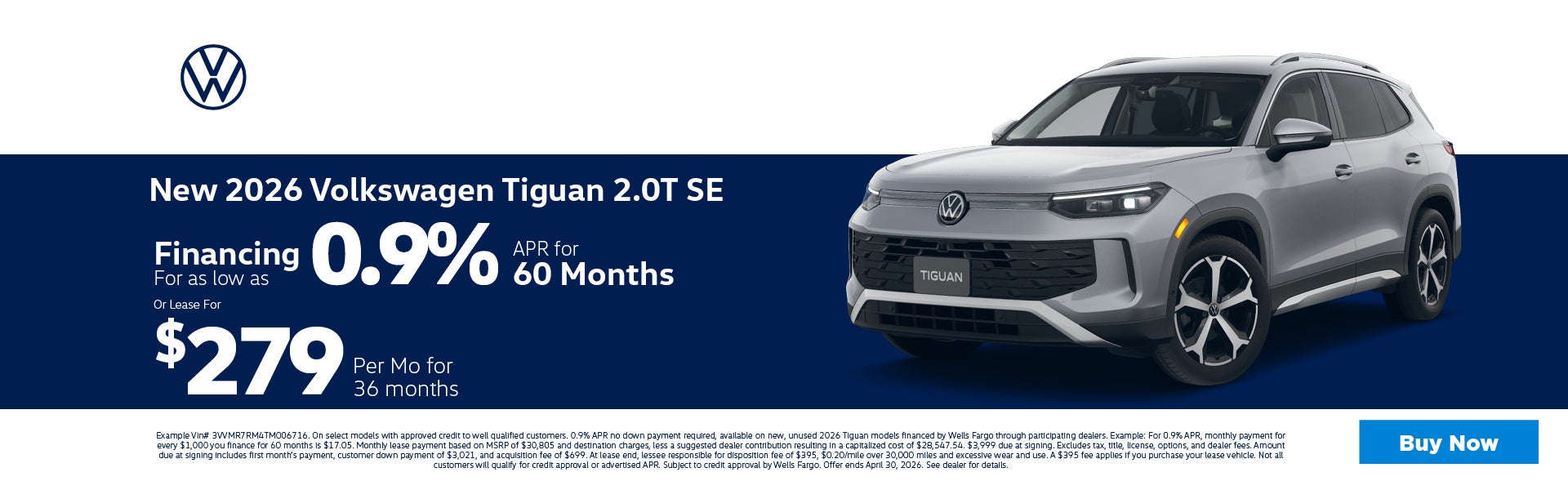 2026 Volkswagen Tiguan 0.9% APR or lease for $279