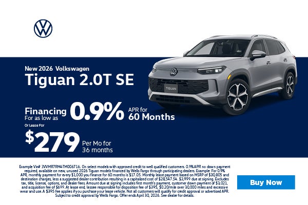 2026 Volkswagen Tiguan 0.9% APR or lease for $279