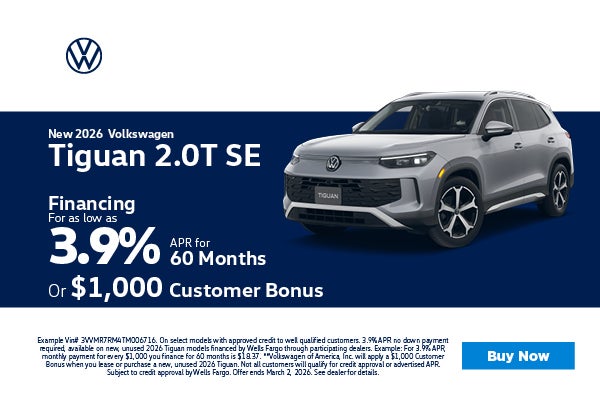 2026 Volkswagen Tiguan 2.0T 3.9% APR or $1,000 Customer bonu