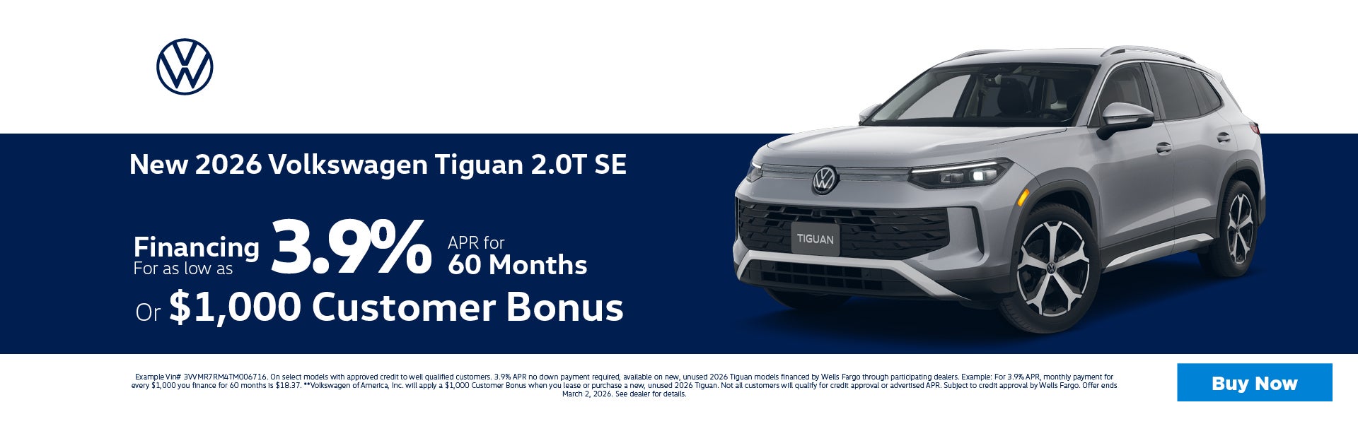 2026 Volkswagen Tiguan 2.0T 3.9% APR or $1,000 Customer bonu