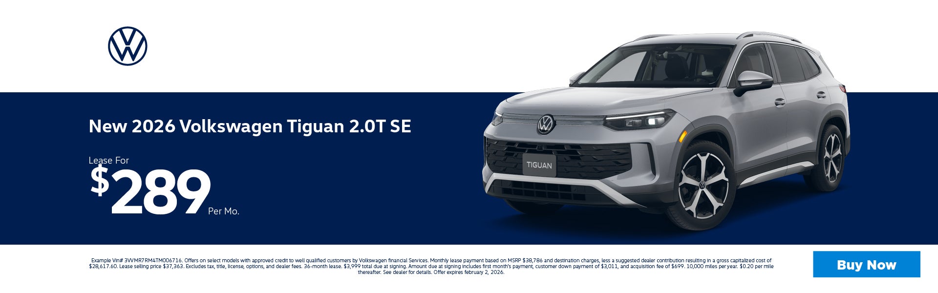 2026 Tiguan 2.0T SE Lease for $289 per mo