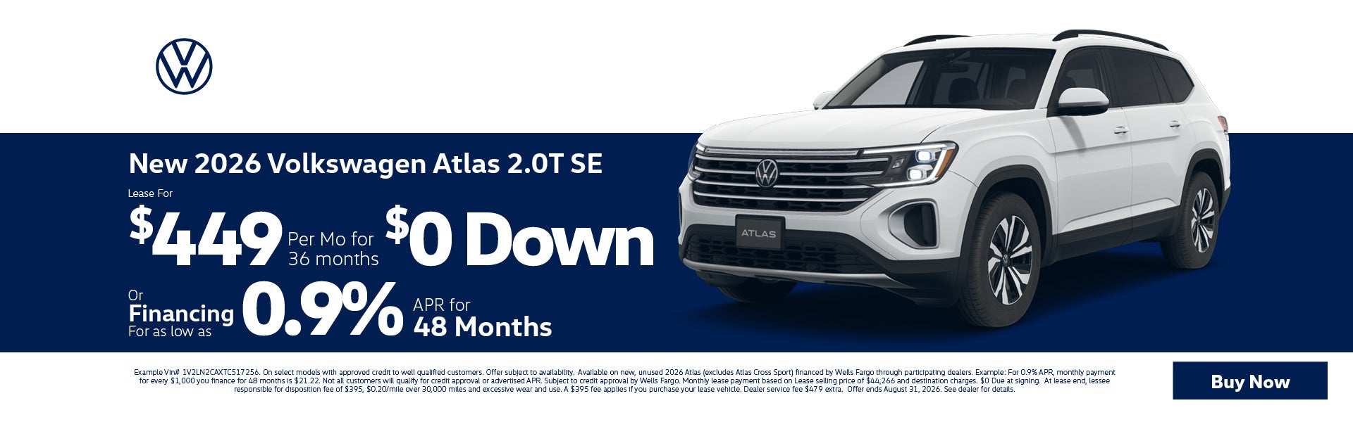 2026 Atlas Lease $449 with $0 down or 0.9% APR 