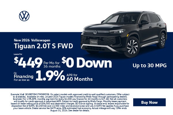 2062 Tiguan Lease $449 with $0 down or 1.9% APR