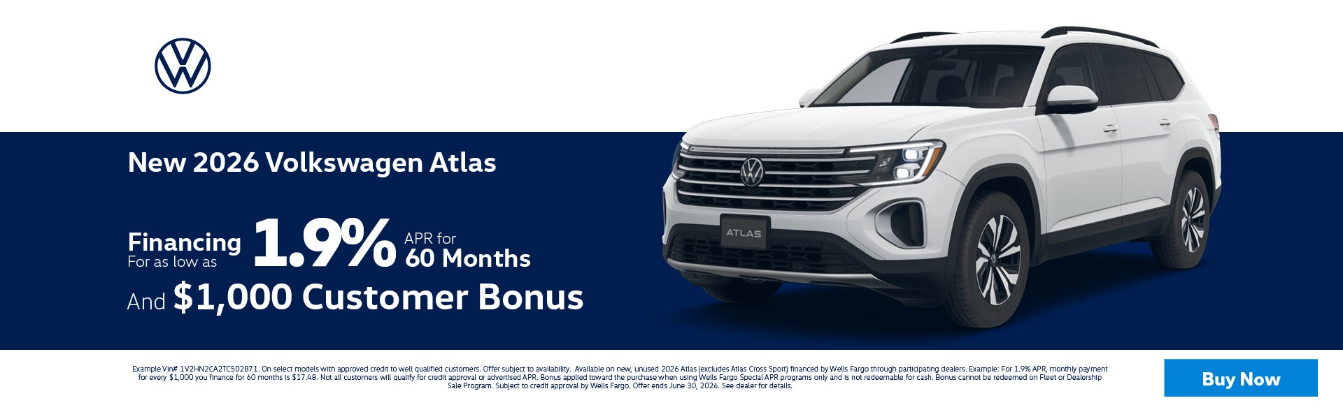 2026 Volkswagen Atlas 1.9% APR and $1,000 bonus cash