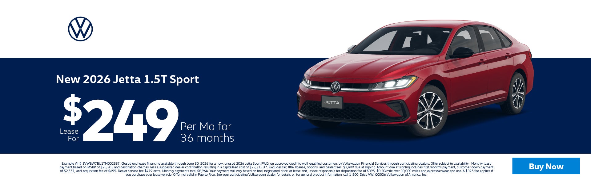 2026 Volkswagen Jetta Lease $249 per mo 
