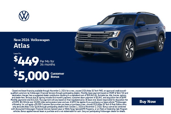 2026 Volkswagen Atlas Lease $449 or $5,000 Customer Cash