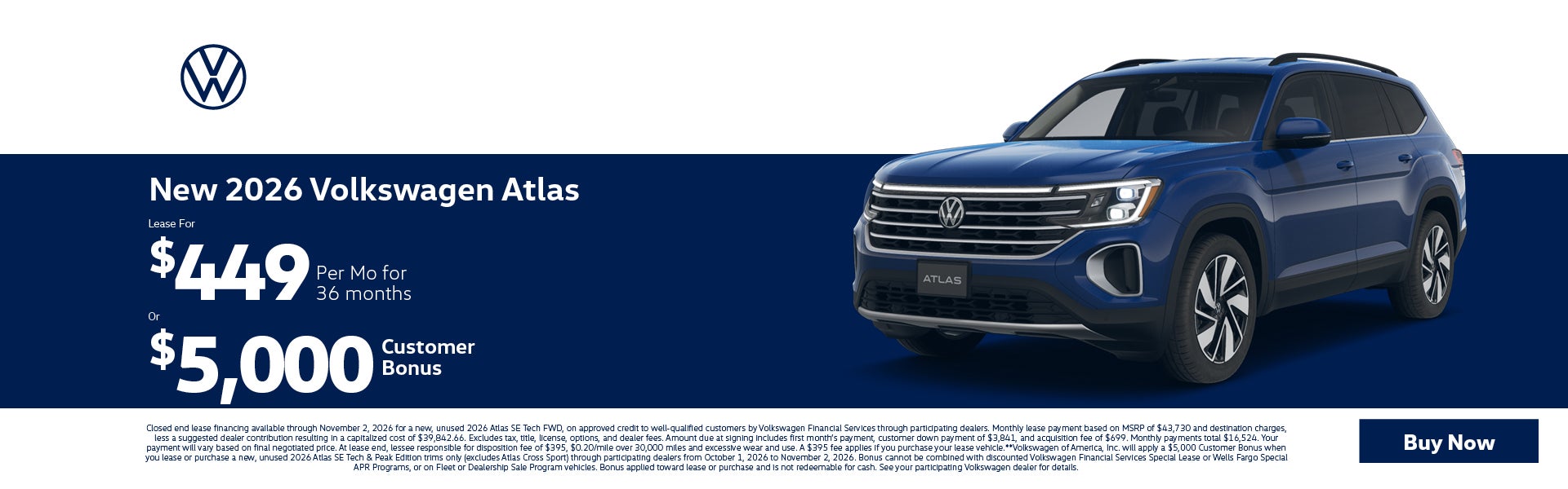 2026 Volkswagen Atlas Lease $449 or $5,000 Customer Cash